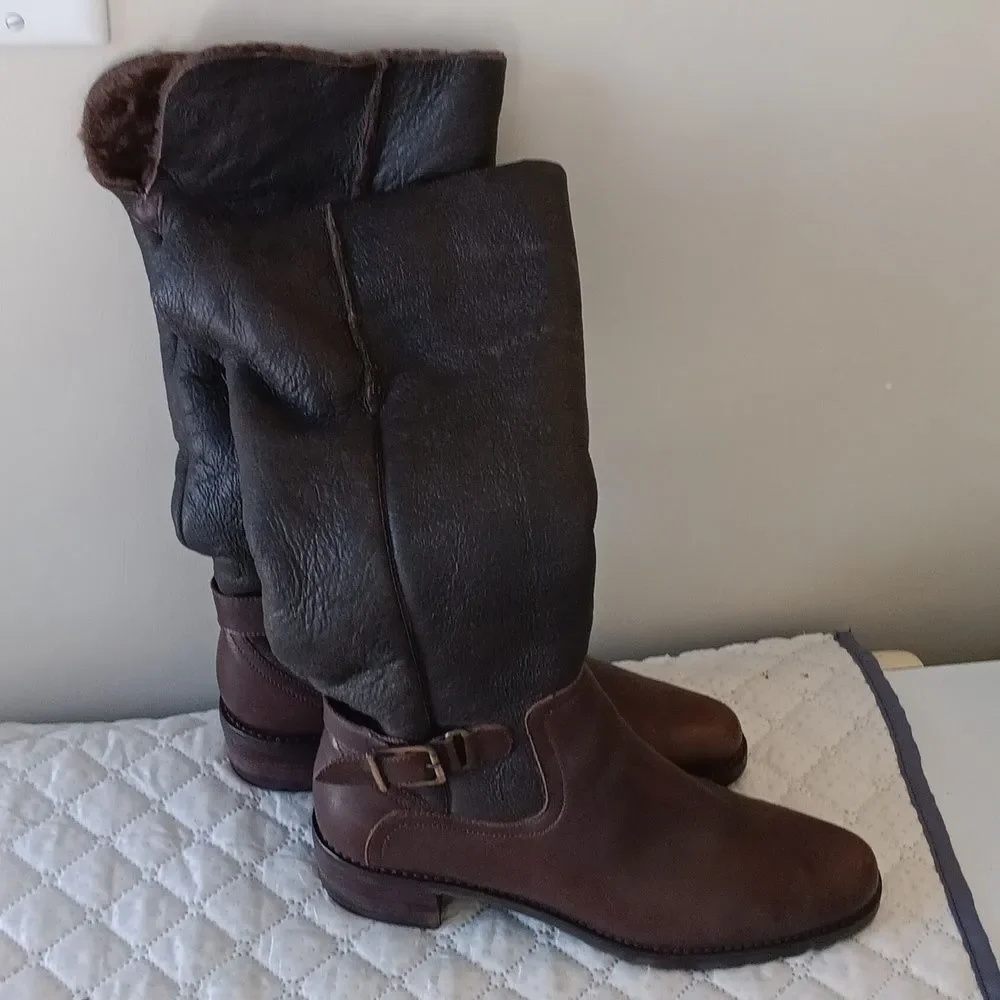 NWOT Vigotti Real  Shearling And Leather Boots Dark Brown